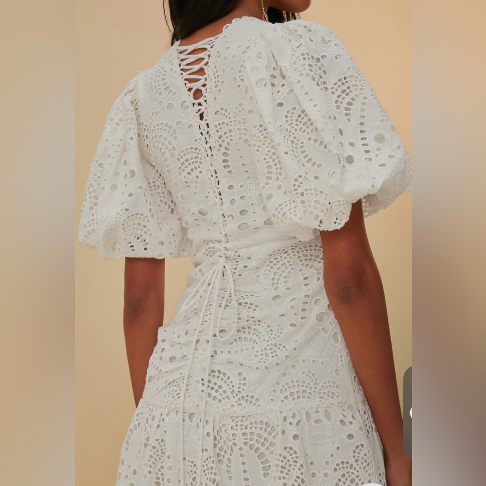 NEW FARM RIO White Cotton Eyelet Puff Sleeve Midi Dress Small - Picture 5 of 6